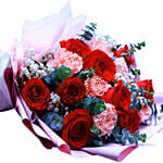 Mixed Flower Bouquet With Red Velvet Heart Shaped Cake