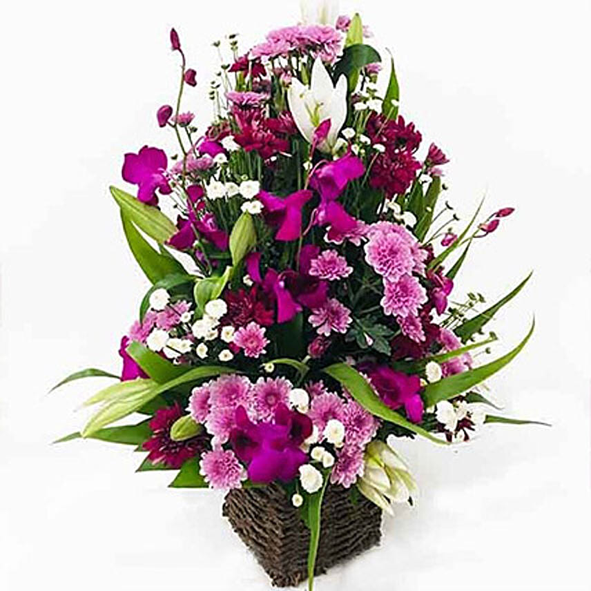 Elegant Basket Of Orchids N Seasonal Flowers