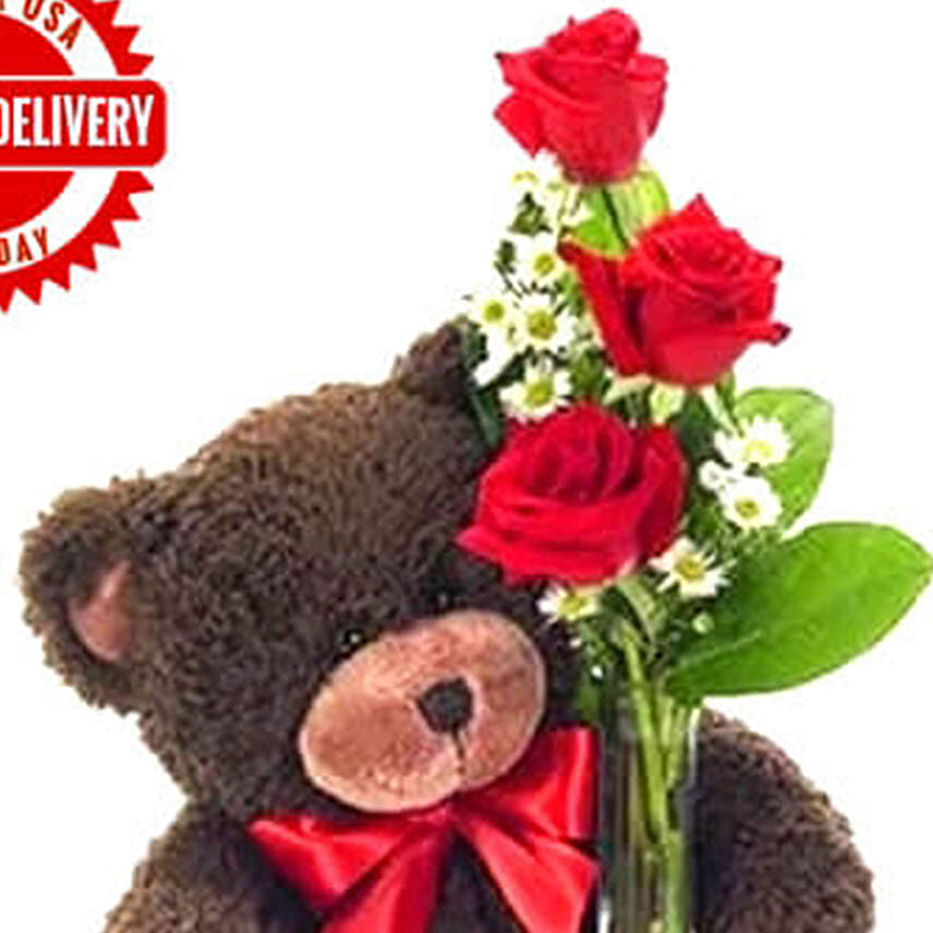 Classic Bud Vase Roses With Bear