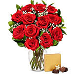 One Dozen Red Roses With Chocolates