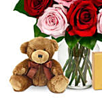 One Dozen Valentine Red & Pink Roses With And A Bear