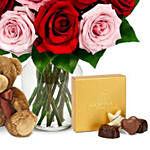 One Dozen Valentine Red & Pink Roses With And A Bear