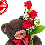 Classic Bud Vase Roses With Bear