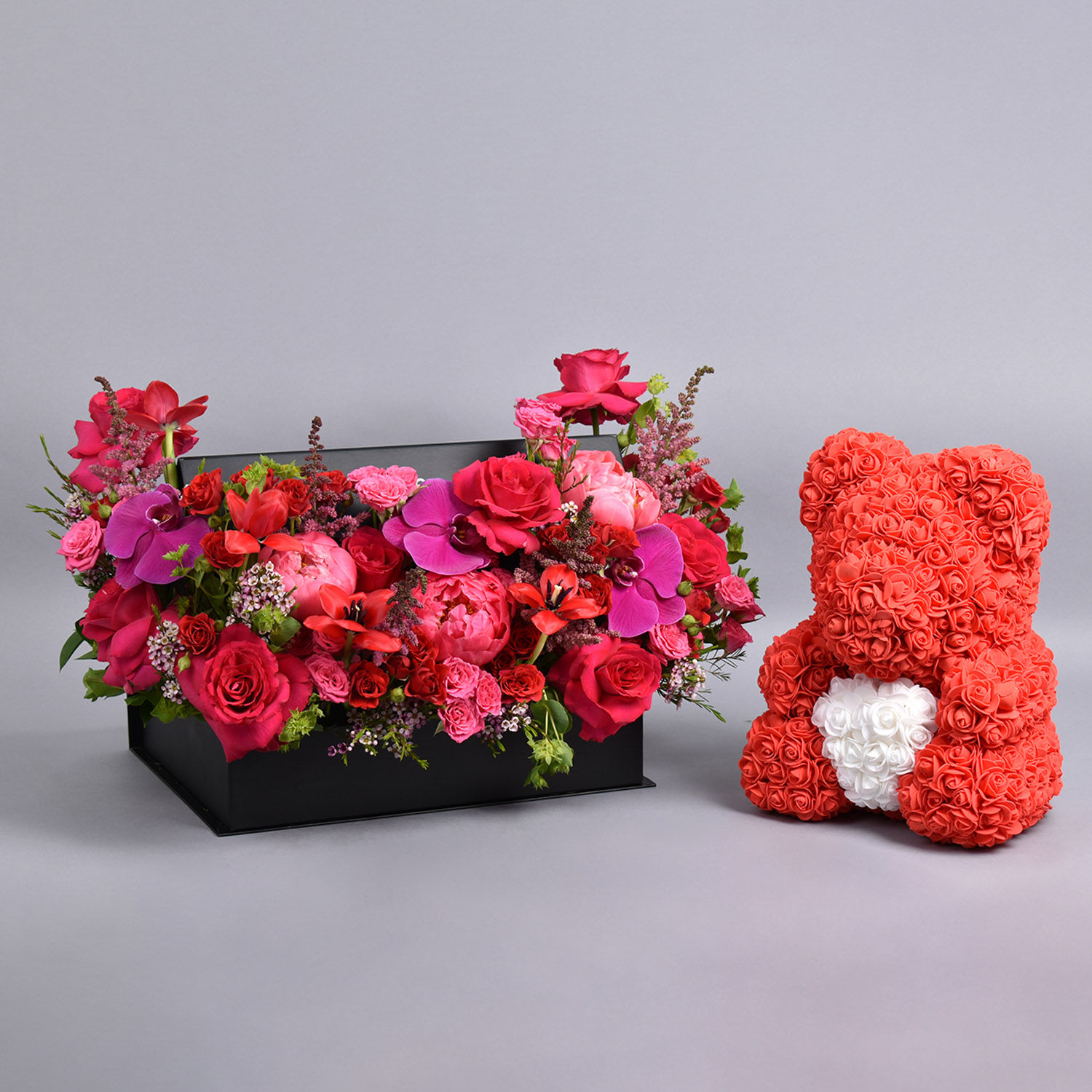 Online Love Flowers Box With Teddy Gift Delivery in UAE FNP