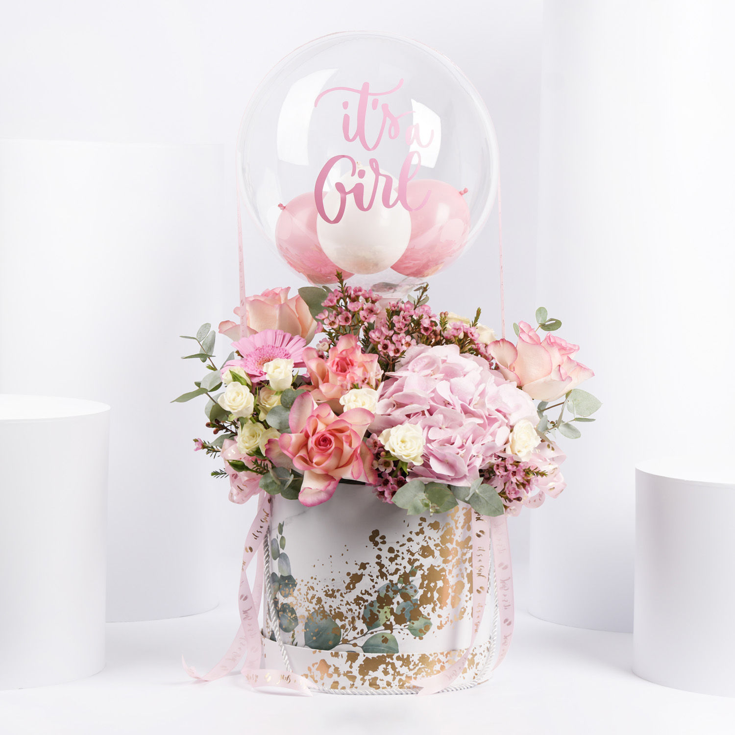 Online It's a Girl Flowers and Balloon Box Gift Delivery in UAE FNP