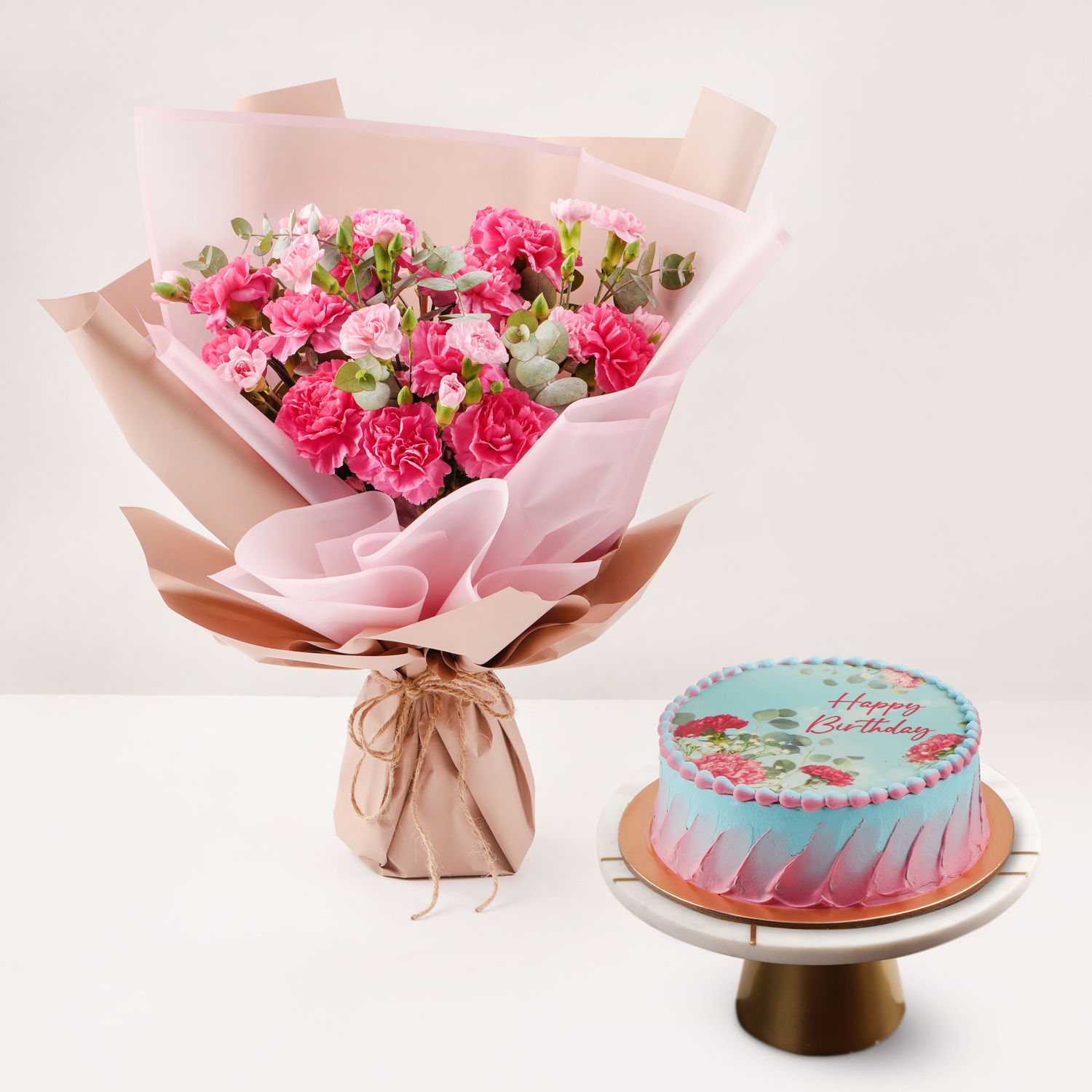 Online Birthday Wish Carnations Bouquet With Cake Gift Delivery in UAE